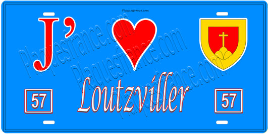 Plaque métal décorative, J'❤️ Loutzviller, Moselle, fond mur bleu 57