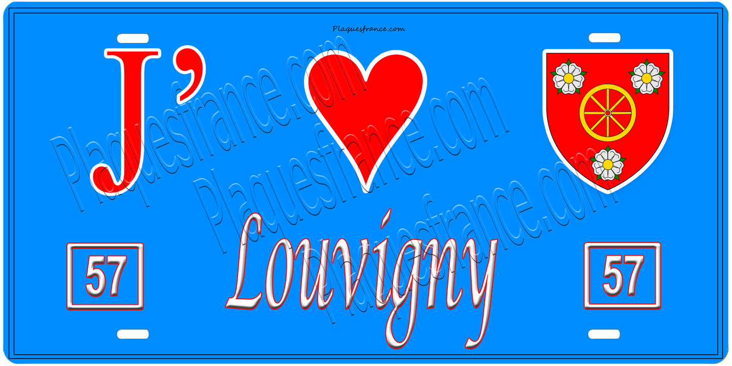 Plaque métal décorative, J'❤️Louvigny, Moselle, fond mur bleu 57
