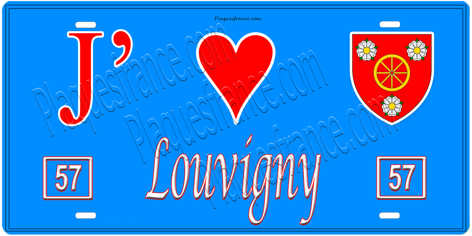 Plaque métal décorative, J'❤️Louvigny, Moselle, fond mur bleu 57