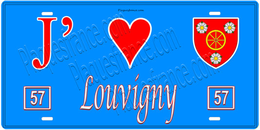 Plaque métal décorative, J'❤️Louvigny, Moselle, fond mur bleu 57