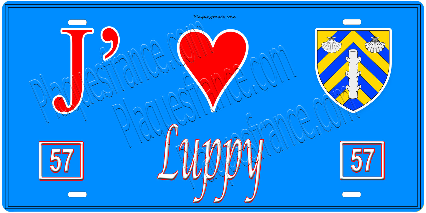 Plaque métal décorative, J'❤️Luppy, Moselle, fond mur bleu 57