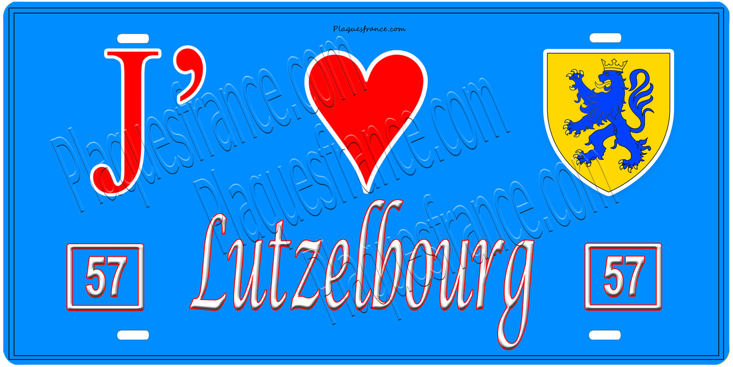 Plaque métal décorative, J'❤️Lutzelbourg, Moselle, fond mur bleu 57