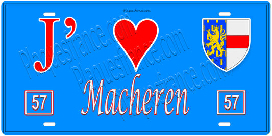 Plaque métal décorative, J'❤️Macheren, Moselle, fond mur bleu 57