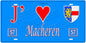 Plaque métal décorative, J'❤️Macheren, Moselle, fond mur bleu 57