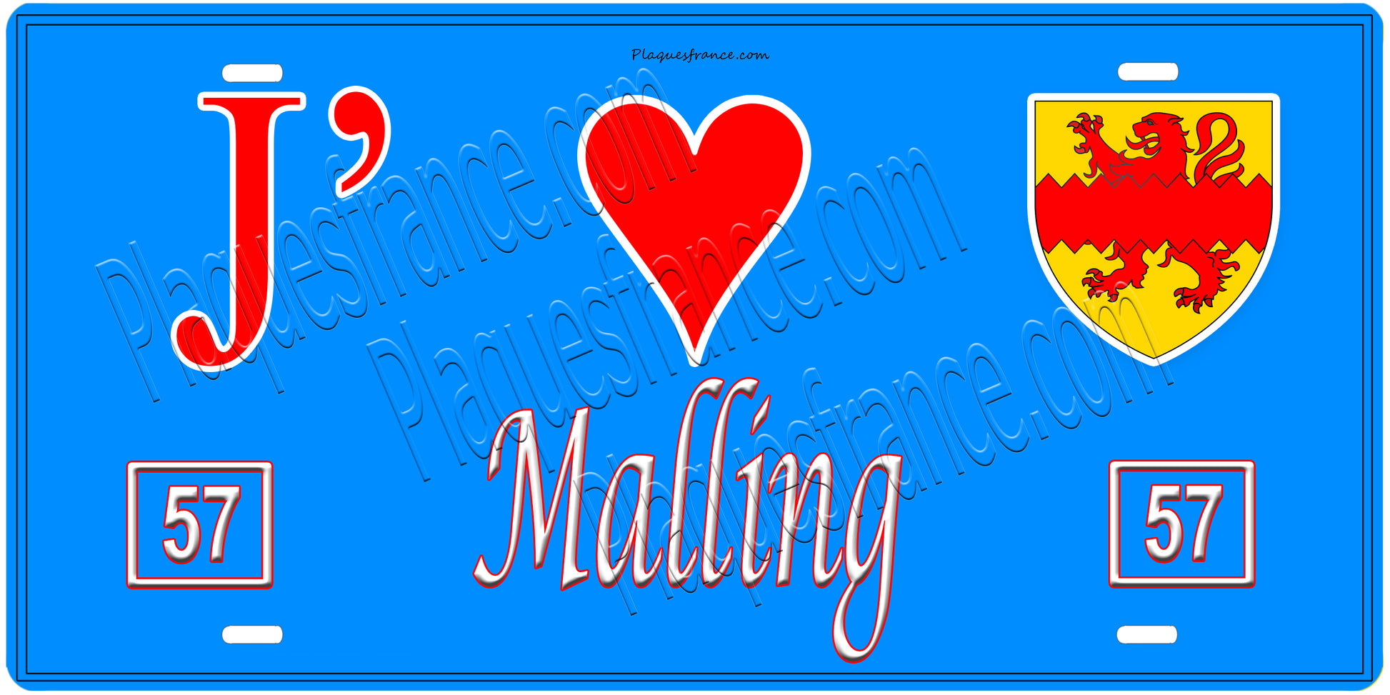 Plaque métal décorative, J'❤️ Malling, Moselle, fond mur bleu 57