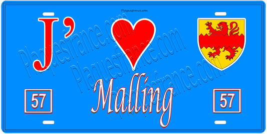 Plaque métal décorative, J'❤️ Malling, Moselle, fond mur bleu 57