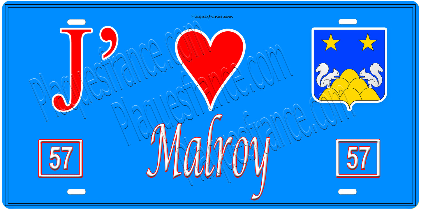 Plaque métal décorative, J'❤️Malroy, Moselle, fond mur bleu 57