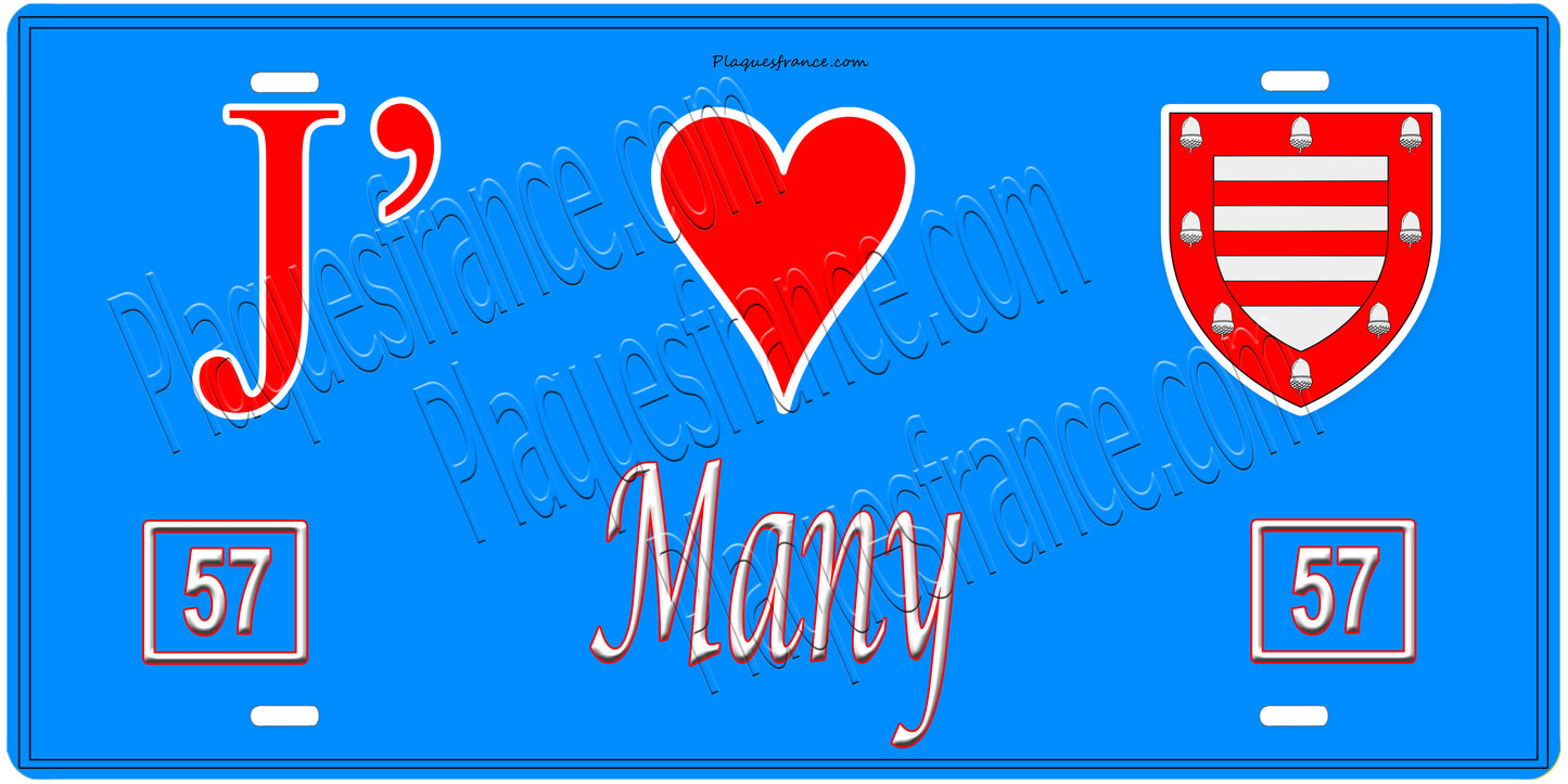 Plaque métal décorative, J'❤️Many, Moselle, fond mur bleu 57