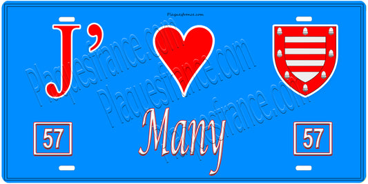 Plaque métal décorative, J'❤️Many, Moselle, fond mur bleu 57