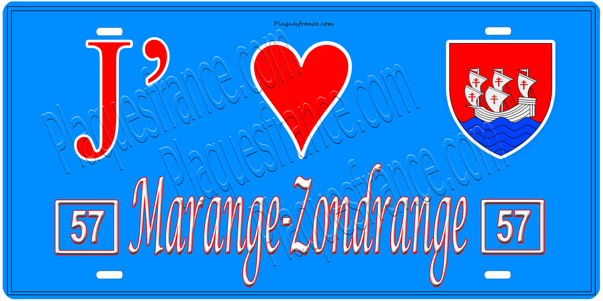 Plaque métal décorative, J'❤️Marange-Zondrange, Moselle, fond mur bleu 57