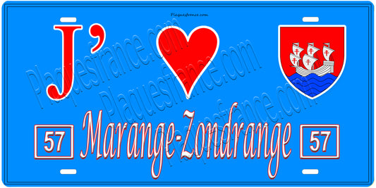 Plaque métal décorative, J'❤️Marange-Zondrange, Moselle, fond mur bleu 57