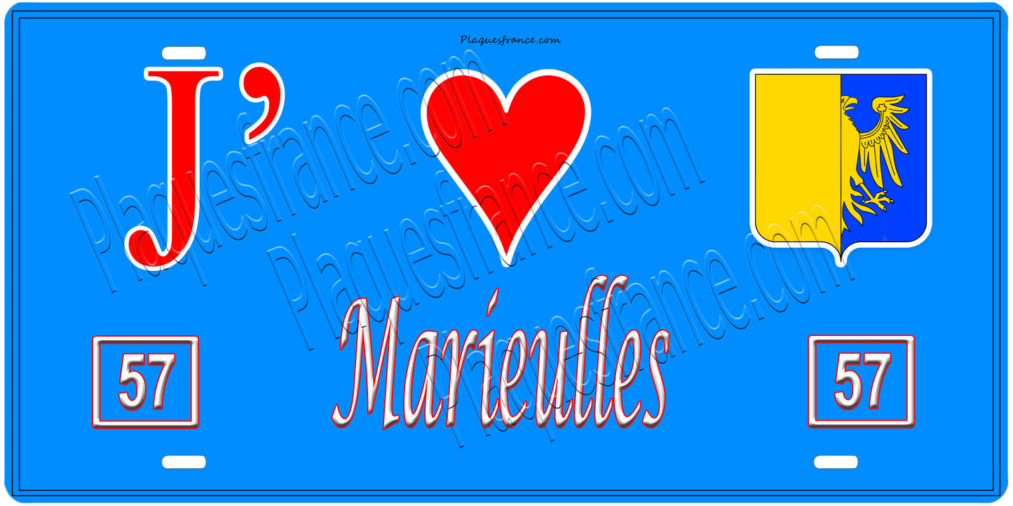 Plaque métal décorative, J'❤️ Marieulles, Moselle, fond mur bleu 57