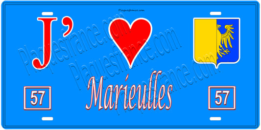 Plaque métal décorative, J'❤️ Marieulles, Moselle, fond mur bleu 57