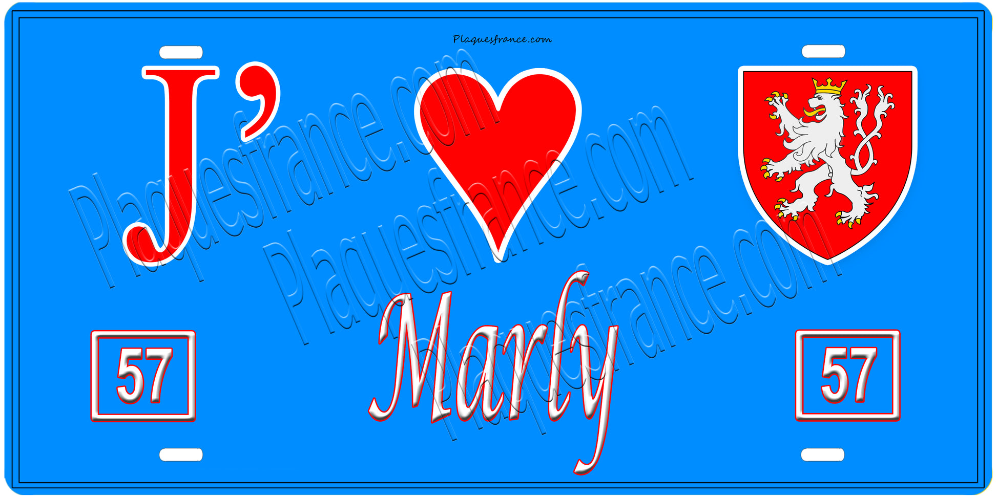 Plaque métal décorative, J'❤️Marly, Moselle, fond mur bleu 57