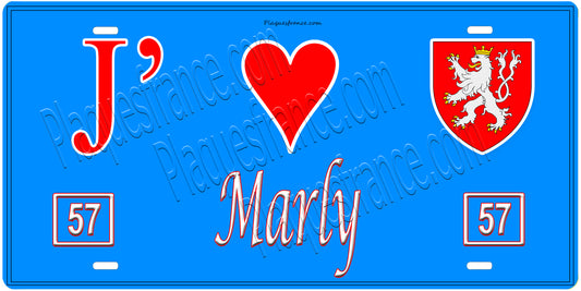 Plaque métal décorative, J'❤️Marly, Moselle, fond mur bleu 57