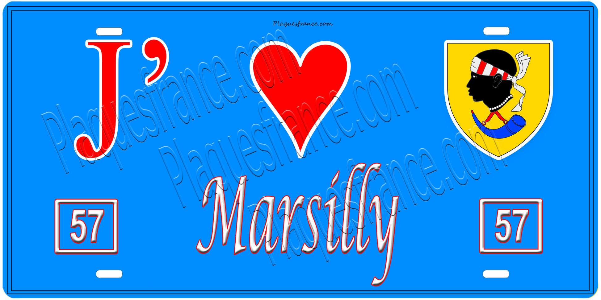Plaque métal décorative, J'❤️Marsilly, Moselle, fond mur bleu 57