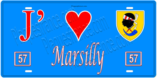 Plaque métal décorative, J'❤️Marsilly, Moselle, fond mur bleu 57