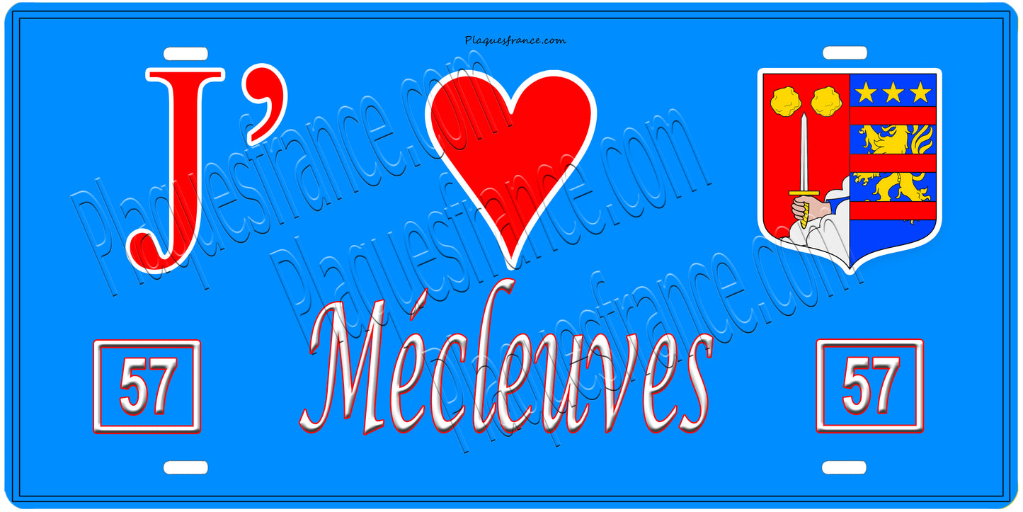 Plaque métal décorative, J'❤️Mécleuves, Moselle, fond mur bleu 57