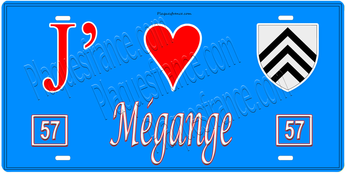 Plaque métal décorative, J'❤️ Mégange, Moselle, fond mur bleu 57