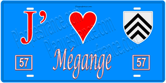Plaque métal décorative, J'❤️ Mégange, Moselle, fond mur bleu 57