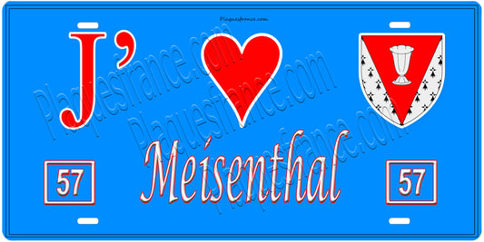 Plaque métal décorative, J'❤️ Meisenthal, Moselle, fond mur bleu 57