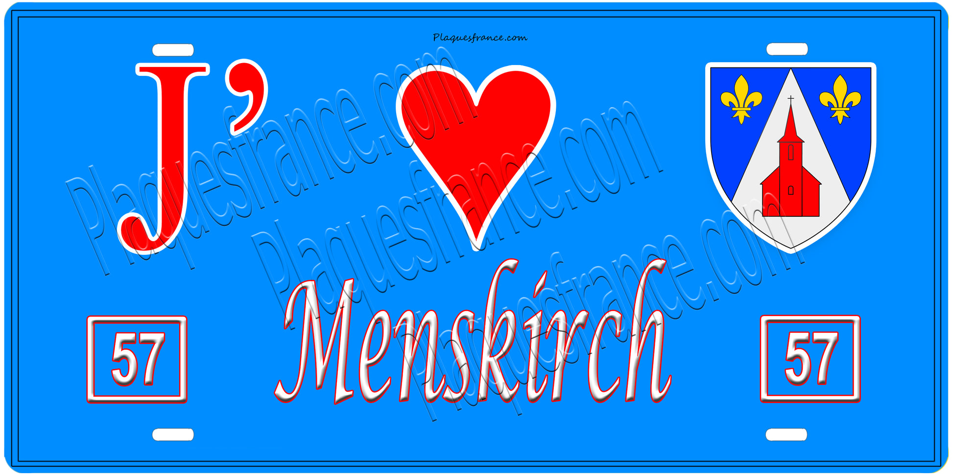 Plaque métal décorative, J'❤️ Menskirch, Moselle, fond mur bleu 57