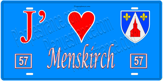 Plaque métal décorative, J'❤️ Menskirch, Moselle, fond mur bleu 57