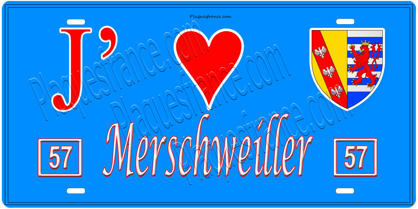Plaque métal décorative, J'❤️ Merschweiller, Moselle, fond mur bleu 57