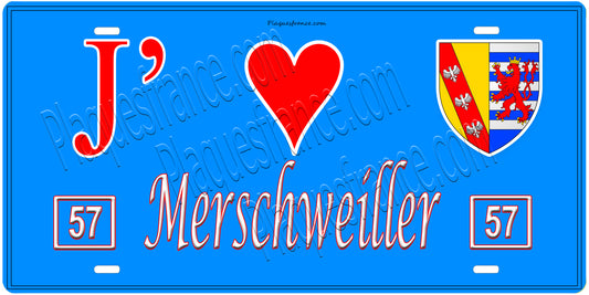 Plaque métal décorative, J'❤️ Merschweiller, Moselle, fond mur bleu 57