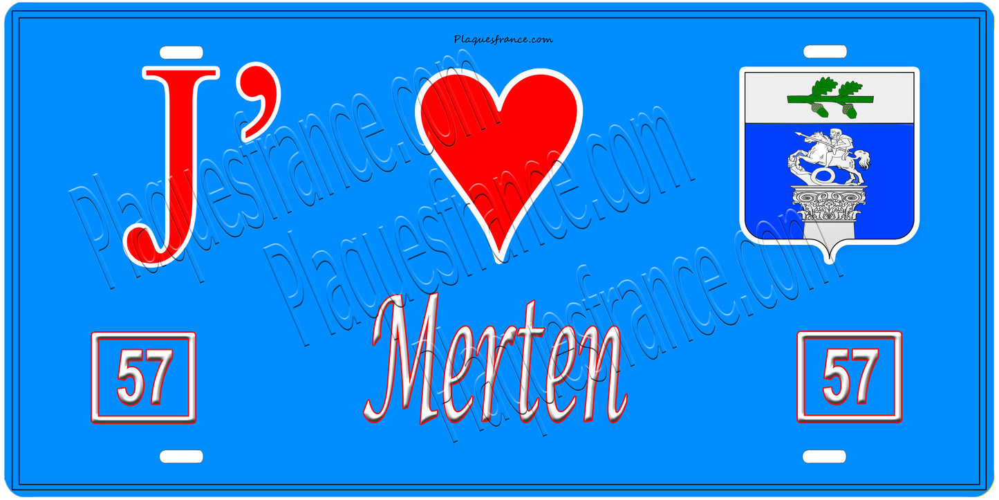 Plaque métal décorative, J'❤️ Merten , Moselle, fond mur bleu 57