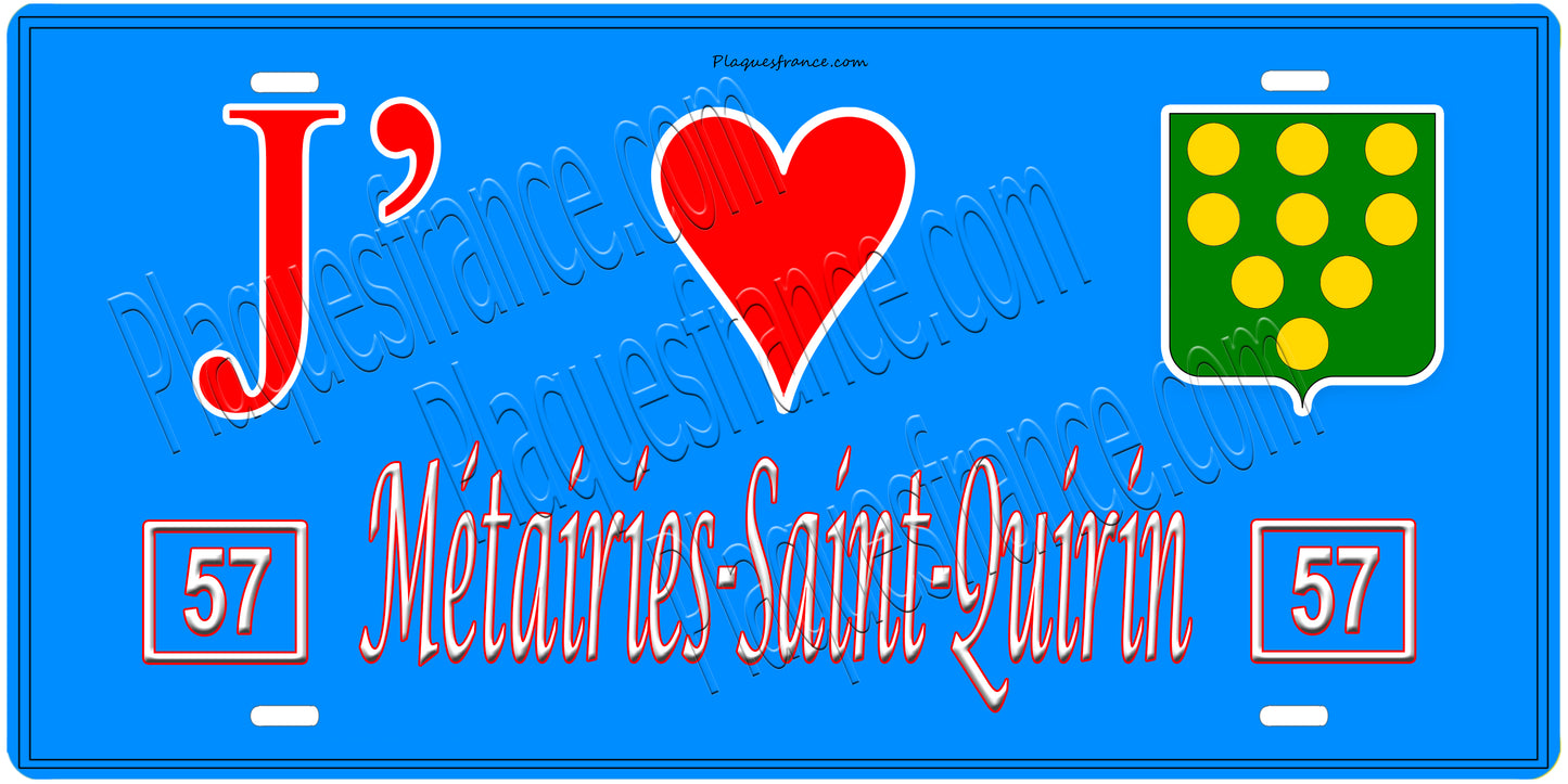 Plaque métal décorative, J'❤️Métairies-Saint-Quirin, Moselle, fond mur bleu 57
