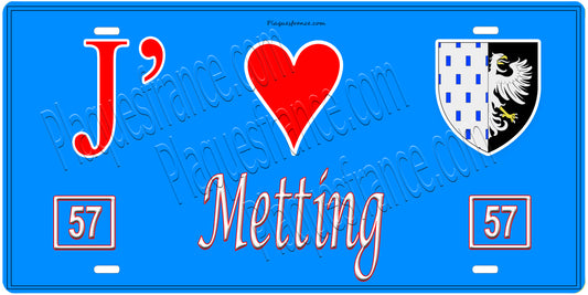 Plaque métal décorative, J'❤️Metting, Moselle, fond mur bleu 57