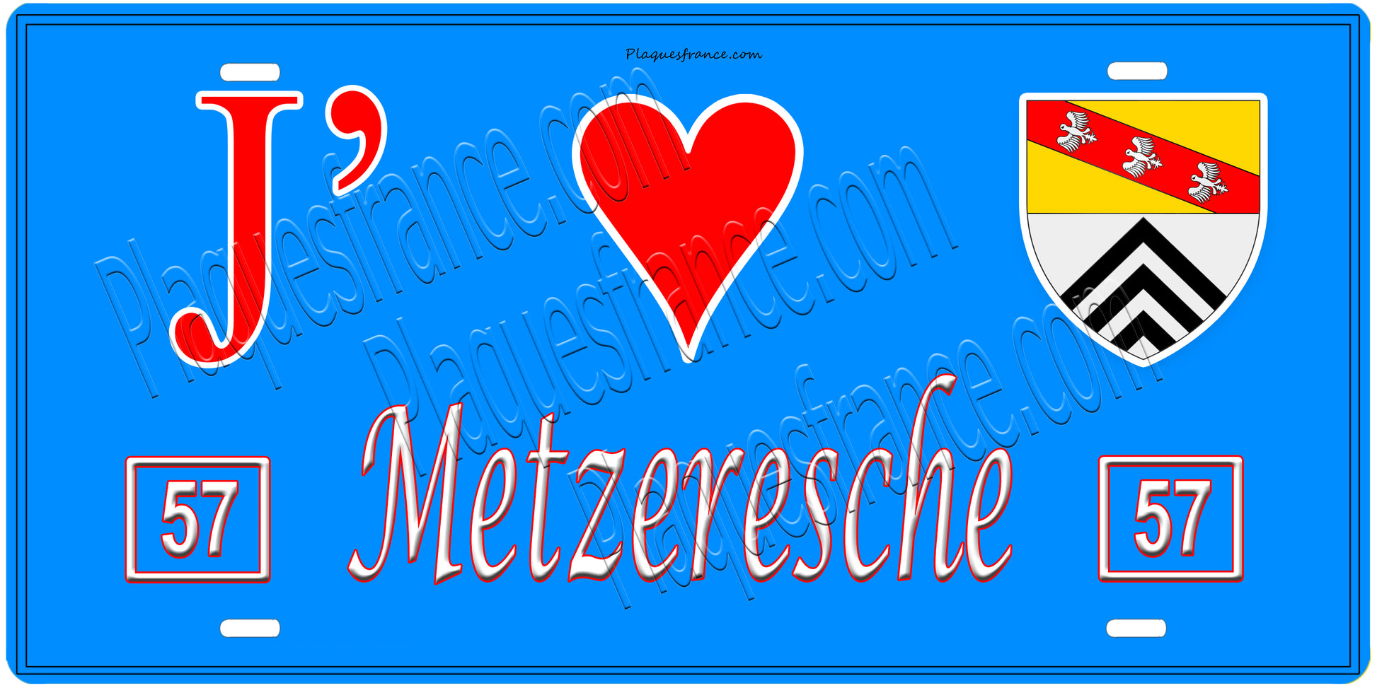 Plaque métal décorative, J'❤️Metzeresche, Moselle, fond mur bleu 57