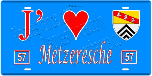 Plaque métal décorative, J'❤️Metzeresche, Moselle, fond mur bleu 57