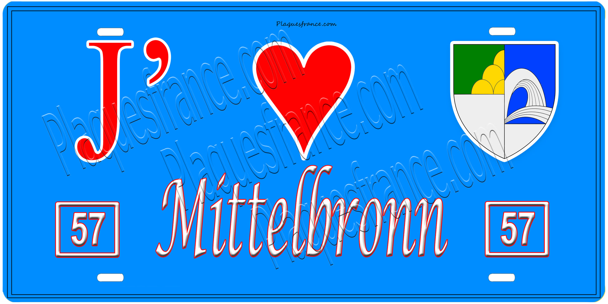 Plaque métal décorative, J'❤️Mittelbronn, Moselle, fond mur bleu 57