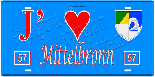 Plaque métal décorative, J'❤️Mittelbronn, Moselle, fond mur bleu 57