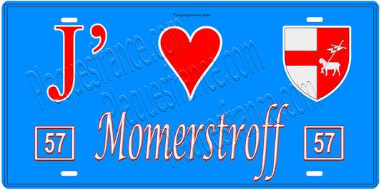 Plaque métal décorative, J'❤️ Momerstroff, Moselle, fond mur bleu 57