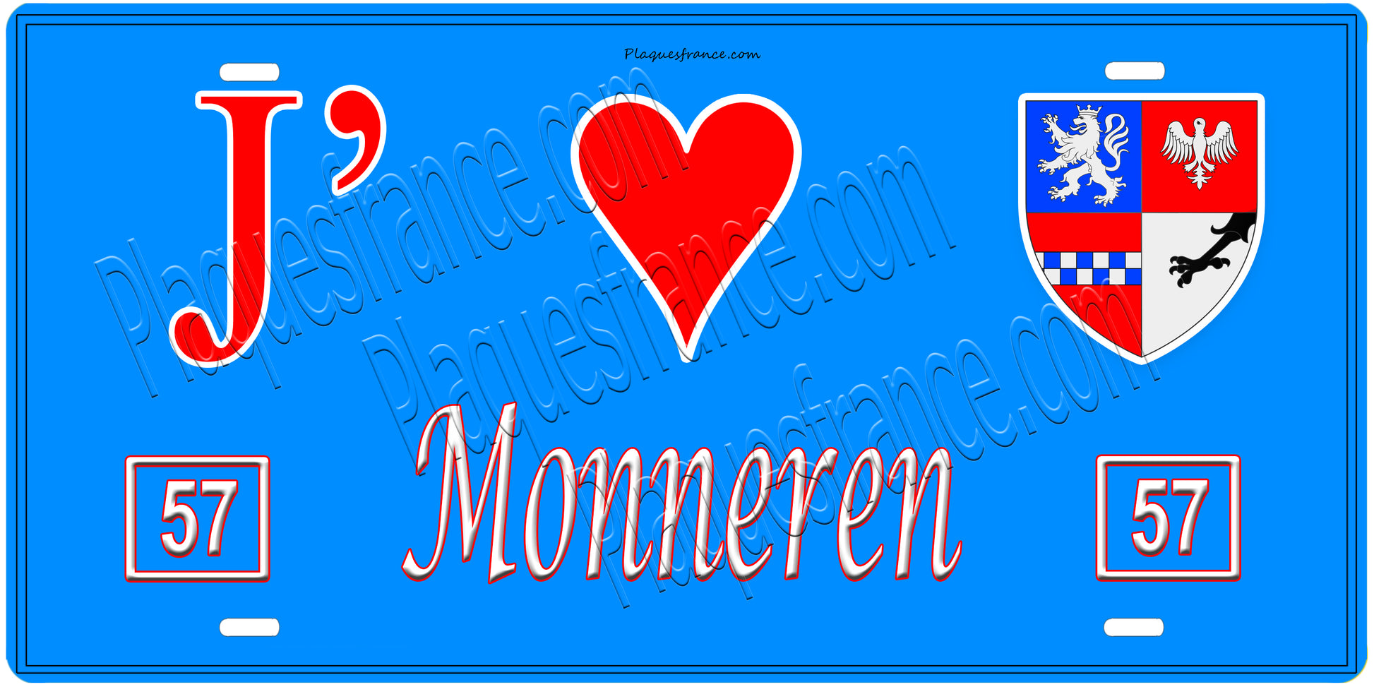 Plaque métal décorative, J'❤️Monneren, Moselle, fond mur bleu 57