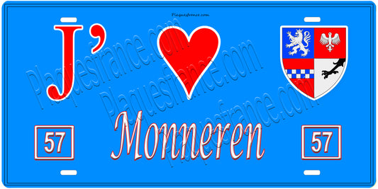 Plaque métal décorative, J'❤️Monneren, Moselle, fond mur bleu 57