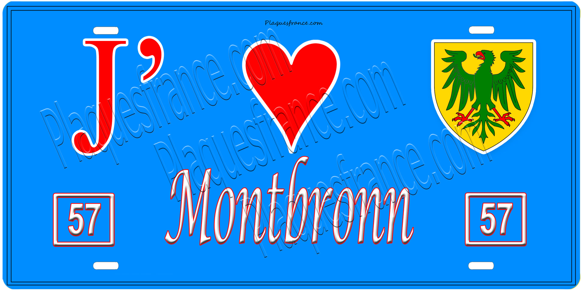 Plaque métal décorative, J'❤️ Montbronn, Moselle, fond mur bleu 57