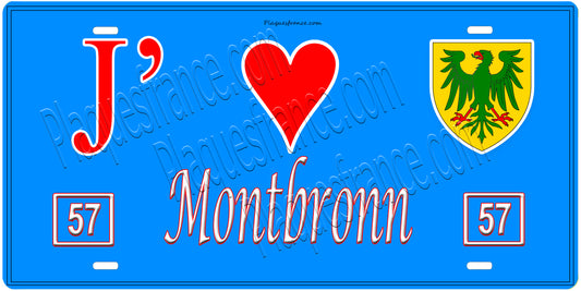 Plaque métal décorative, J'❤️ Montbronn, Moselle, fond mur bleu 57