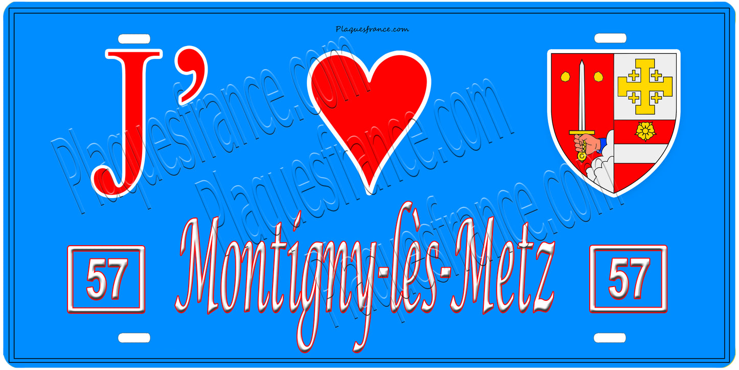 Plaque métal décorative, J'❤️Montigny-lès-Metz, Moselle, fond mur bleu 57