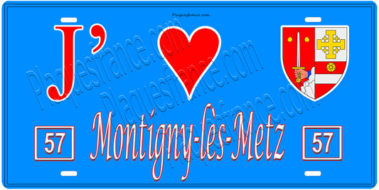Plaque métal décorative, J'❤️Montigny-lès-Metz, Moselle, fond mur bleu 57