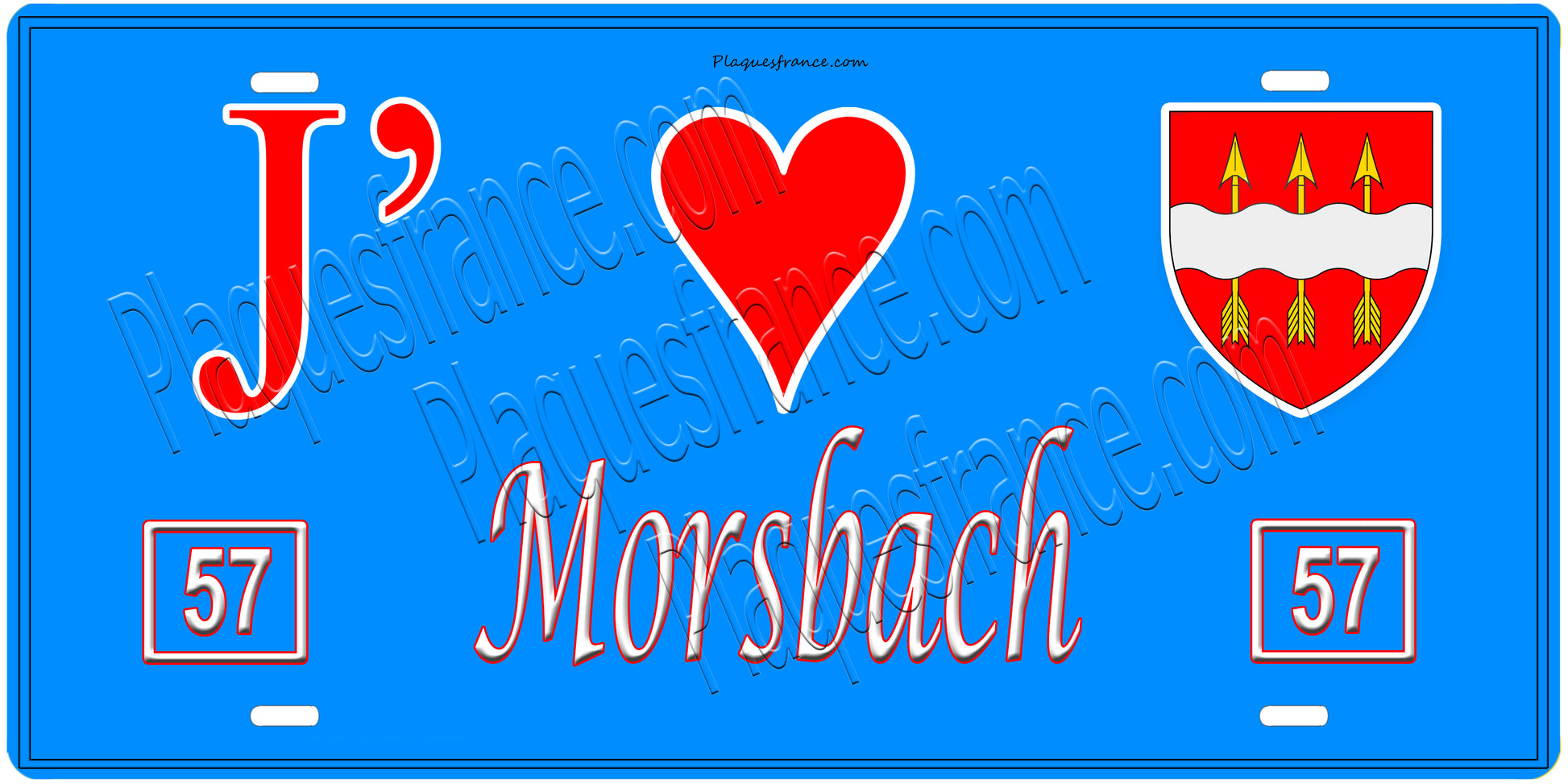 Plaque métal décorative, J'❤️ Morsbach, Moselle, fond mur bleu 57