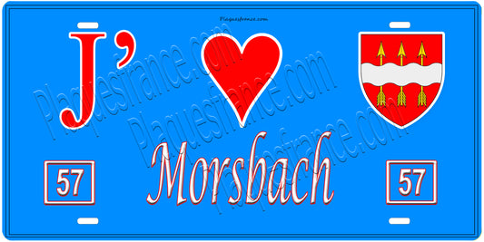 Plaque métal décorative, J'❤️ Morsbach, Moselle, fond mur bleu 57