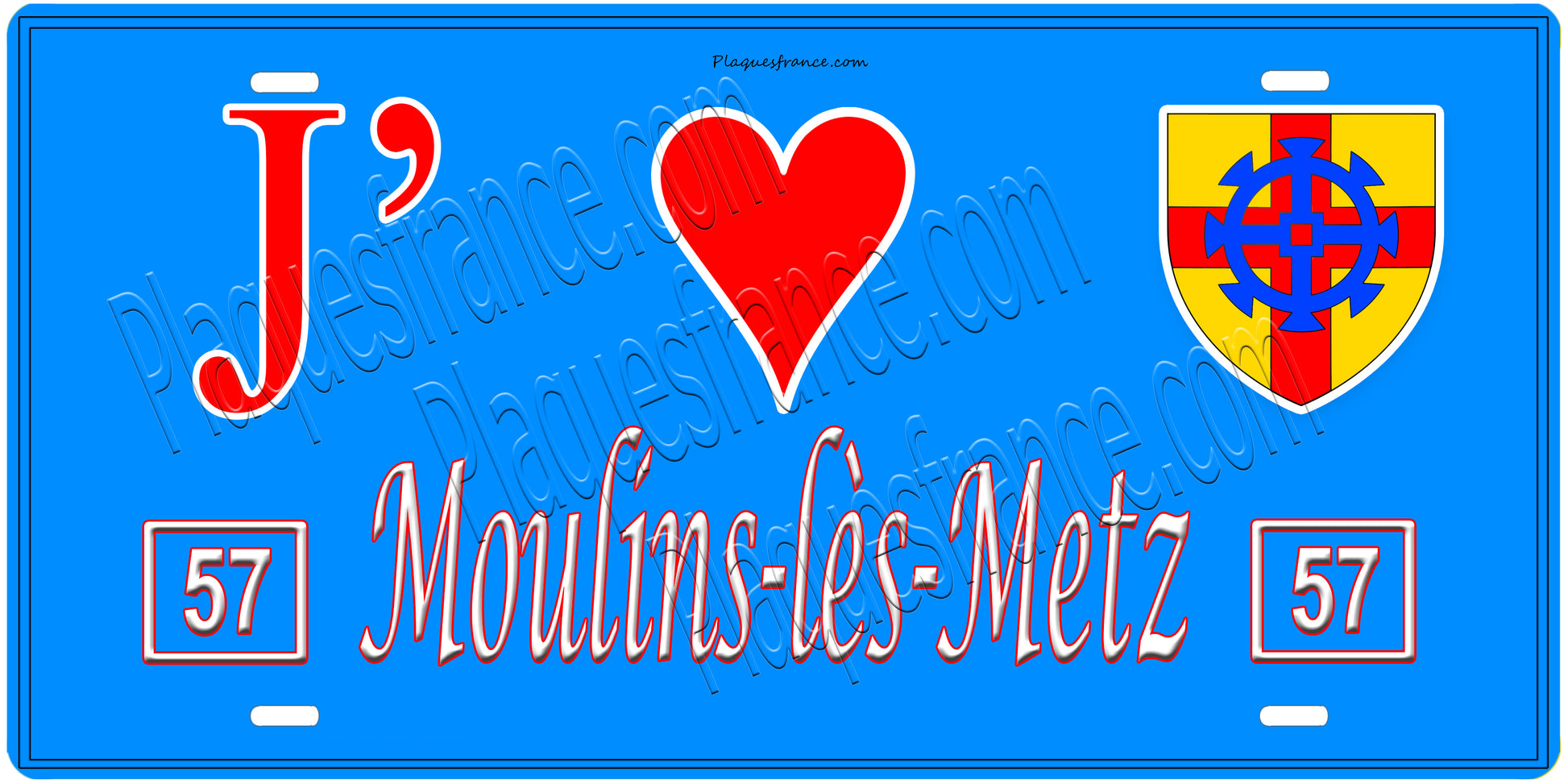 Plaque métal décorative, J'❤️ Moulins-lès-Metz, Moselle, fond mur bleu 57