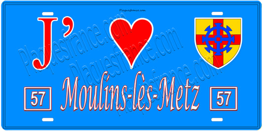 Plaque métal décorative, J'❤️ Moulins-lès-Metz, Moselle, fond mur bleu 57