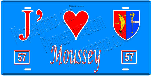 Plaque métal décorative, J'❤️Moussey , Moselle, fond mur bleu 57