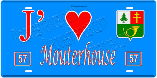 Plaque métal décorative, J'❤️ Mouterhouse, Moselle, fond mur bleu 57