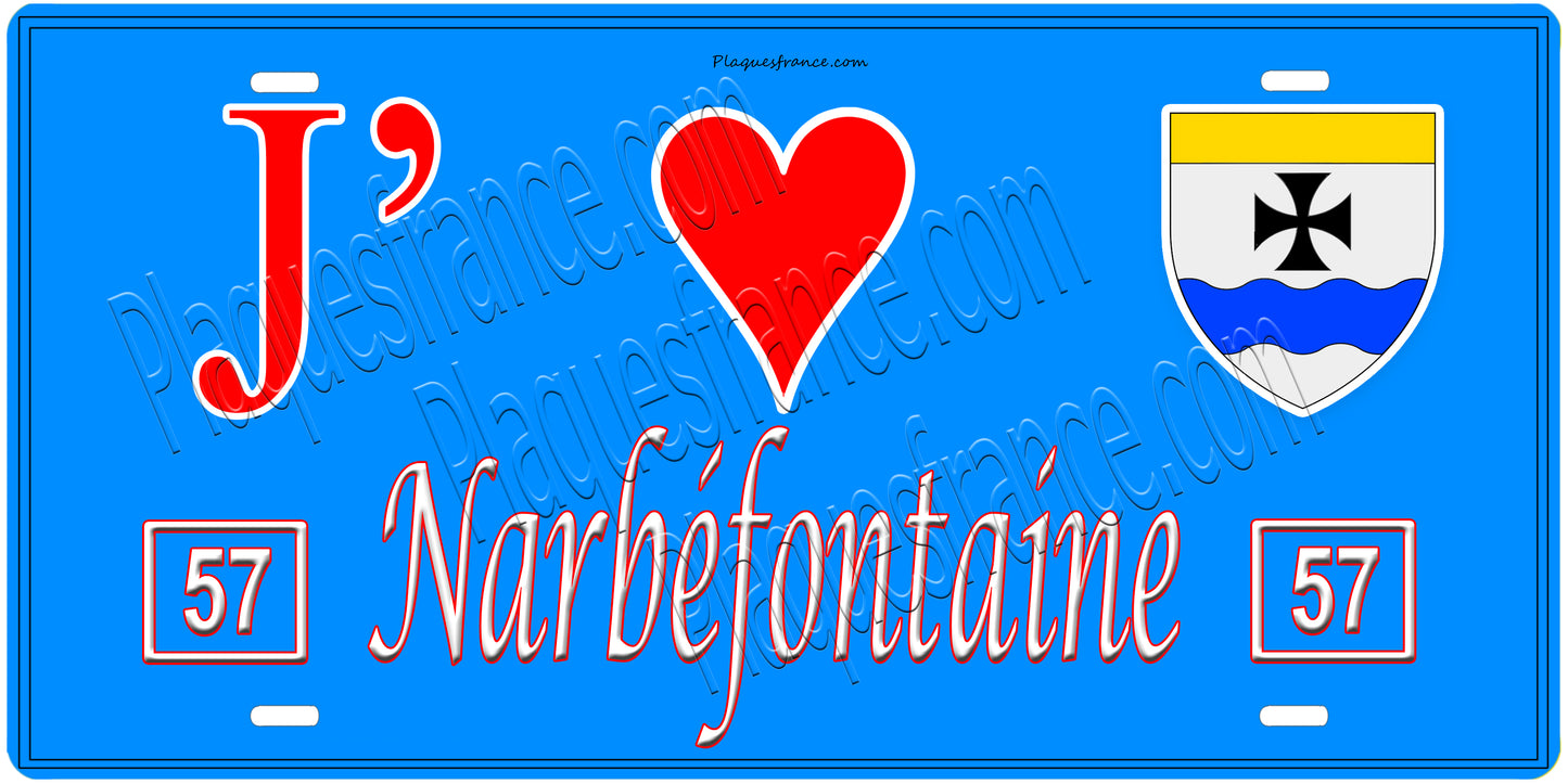 Plaque métal décorative, J'❤️ Narbéfontaine, Moselle, fond mur bleu 57